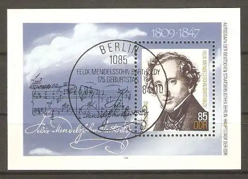 Briefmarke DDR Block 76 o (Mi.Nr. 2852) ESST BERLIN / Felix Mendelssohn Bartholdy 1984 / Komponist #