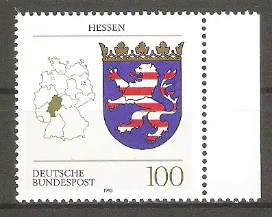 Briefmarke BRD Mi.Nr. 1660 ** Seitenrand rechts - Wappen der Länder der Bundesrepuplik Deutschland 1993 / Hessen #