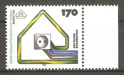 Briefmarke BRD Mi.Nr. 1648 ** Seitenrand rechts - 100 Jahre Verband Deutscher Elektrotechniker (VDE) 1993 / Steckdose und Stromkabel bilden Umriss eines Hauses & VDE-Emblem #