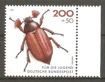 Briefmarke BRD Mi.Nr. 1670 ** Seitenrand rechts - Gefährdete Käfer 1993 / Feld-Maikäfer (Melolontha melolontha) #