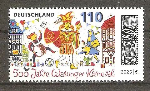 Briefmarke BRD Mi.Nr. 3888 ** 500 Jahre Wasunger Karneval 2025 / Wasunger Karnevalsumzug mit Trommlerin, Prinz und Narr „Höpfer“ #