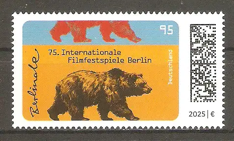 Briefmarke BRD Mi.Nr. 3889 ** 75. Internationale Filmfestspiele Berlin 2025 / Berliner Wappentier Braunbär (Ursus arctos) #