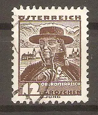 Briefmarke Österreich Mi.Nr. 573 o  Österreichische Volkstrachten 1934 / Bauer aus dem Traunkreis - Traunsee mit Schloss Orth, Oberösterreich #