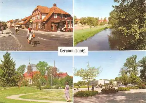 Ansichtskarte Deutschland - Hermannsburg - Ortsmitte, Cellerstraße, St. Peter Paul Kirche mit Örtze, Große Kreuzkirche, Volksschule (2912)
