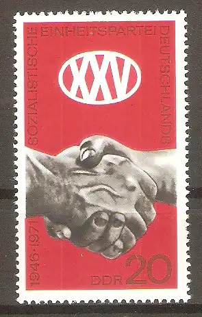 Briefmarke DDR Mi.Nr. 1667 ** 25 Jahre Sozialistische Einheitspartei Deutschlands (SED) 1971 / Händedruck #