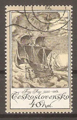 Briefmarke Tschechoslowakei Mi.Nr. 2330 o Schiffe nach alten Stichen 1976 / "Kriegsschiff" Kupferstich von Frans Huys #