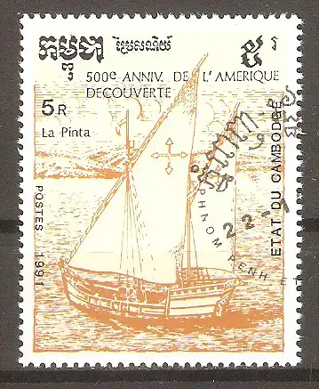 Briefmarke Kambodscha Mi.Nr. 1245 o 500. Jahrestag der Entdeckung von Amerika 1991 / Karavelle „Pinta“ #