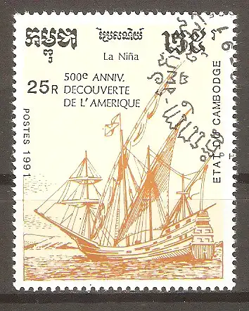 Briefmarke Kambodscha Mi.Nr. 1246 o 500. Jahrestag der Entdeckung von Amerika 1991 / Karavelle „Niña“ #