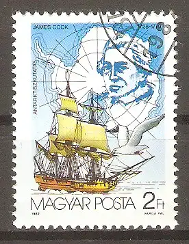 Briefmarke Ungarn Mi.Nr. 3907 A o 75 Jahre Antarktisforschung 1987 / James Cook, Kriegsschiff HMS „Resolution“ & Wanderalbatros (Diomedea exulans) #