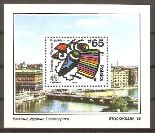 Briefmarke Polen Block 100 ** (Mi.Nr. 3048) Internationale Briefmarkenausstellung STOCKHOLMIA ’86 / Brieftaube in polnischer Volkstracht #