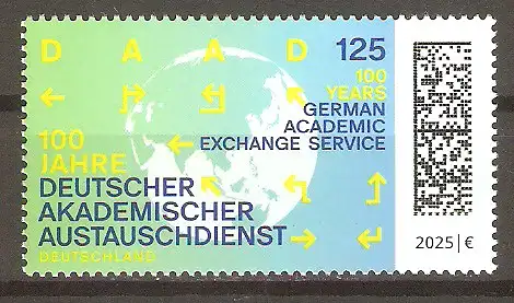 Briefmarke BRD Mi.Nr. 3880 ** 100 Jahre Deutscher Akademischer Austauschdienst 2025 / Globus mit Pfeilen in verschiedene Richtungen #