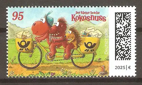 Briefmarke BRD Mi.Nr. 3895 ** Der kleine Drache Kokosnuss 2025 / Drache Kokosnuss, Drache Oskar und Stachelschwein Matilda auf Postfahrrad (Kinderbuchfiguren von Ingo Siegner) #