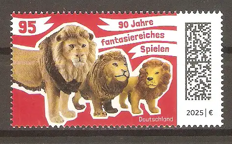 Briefmarke BRD Mi.Nr. 3882 ** 90 Jahre Schleich 2025 / Drei Löwen (Panthera leo) (Spielfiguren der Firma Schleich aus verschiedenen Produktionszeiträumen) #