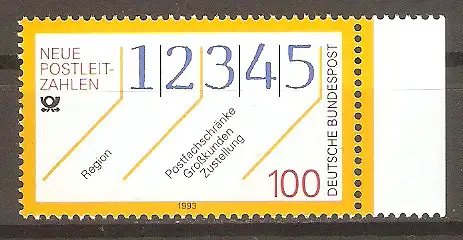Briefmarke BRD Mi.Nr. 1659 ** Seitenrand rechts - Neue Postleitzahlen 1993 / Postleitzahlen mit Erläuterungen & Postemblem #