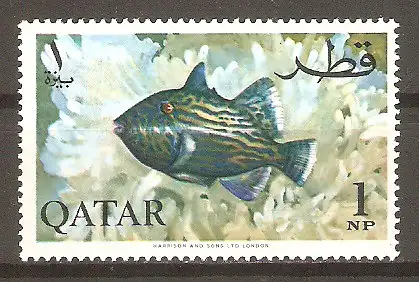 Briefmarke Qatar Mi.Nr. 72 A ** Aquarienfische 1965 / Blaustreifen-Drückerfisch (Pseudobalistes fuscus) #