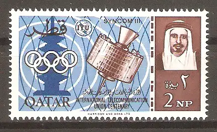 Briefmarke Qatar Mi.Nr. 65 A ** 100 Jahre Internationale Fernmeldeunion ITU 1965 / Pagode, Olympische Ringe, Syncom III, Scheich Ahmed bin Ali al-Thani #