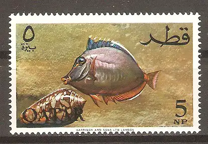Briefmarke Qatar Mi.Nr. 76 A ** Aquarienfische 1965 / Ungehörnter Hornbader (Naso lituratus) #