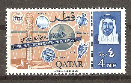 Briefmarke Qatar Mi.Nr. 67 A ** 100 Jahre Internationale Fernmeldeunion ITU 1965 / Postfernmeldeturm, London, vier Satelliten, Scheich Ahmed bin Ali al-Thani #