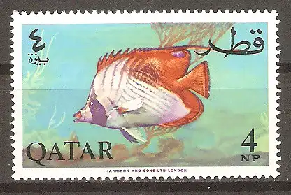 Briefmarke Qatar Mi.Nr. 75 A ** Aquarienfische 1965 / Fähnchen-Falterfisch (Chaetodon auriga) #
