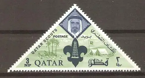 Briefmarke Qatar Mi.Nr. 55 A ** Pfadfinderbewegung 1965 / Zeltlager, Pfadfinderabzeichen, Scheich Ahmed bin Ali al-Thani #