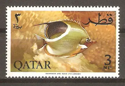 Briefmarke Qatar Mi.Nr. 74 A ** Aquarienfische 1965 / Sattelfleck-Falterfisch (Chaetodon ephippium) #