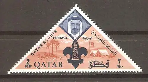 Briefmarke Qatar Mi.Nr. 54 A ** Pfadfinderbewegung 1965 / Zeltlager, Pfadfinderabzeichen, Scheich Ahmed bin Ali al-Thani #