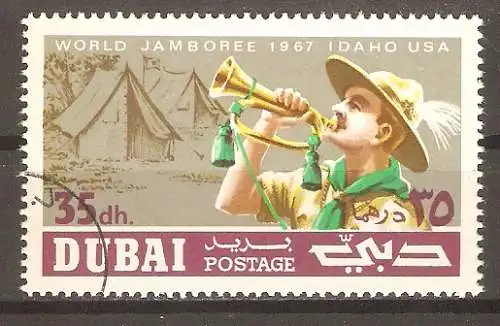Briefmarke Dubai Mi.Nr. 288 o 12. Internationales Pfadfindertreffen, Idaho, USA 1967 / Trompeter vor Zeltlager #