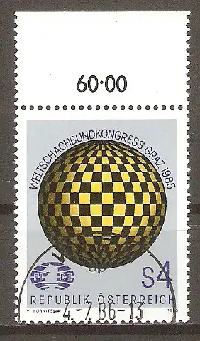 Briefmarke Österreich Mi.Nr. 1823 o Oberrand - Kongress des Weltschachbundes (FIDE) in Graz 1985 / Weltkugel mit Schachbrettmuster & FIDE-Emblem #