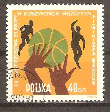 Briefmarke Polen Mi.Nr. 1418 o Basketball-Europameisterschaften der Männer in Breslau 1963 / Zwei Hände mit Ball & Basketballspieler #