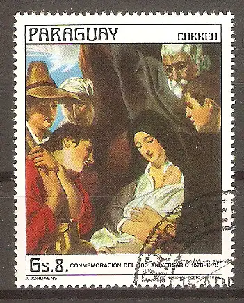 Briefmarke Paraguay Mi.Nr. 3022 o 300. Todestag von Jacob Jordaens 1978 / Gemälde "Anbetung der Hirten" #