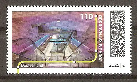 Briefmarke BRD Mi.Nr. 3878 ** U-Bahn-Stationen 2025 / U-Bahn-Haltestelle Bochum Rathaus Süd #