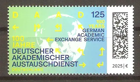 Briefmarke BRD Mi.Nr. 3880 ** 100 Jahre Deutscher Akademischer Austauschdienst 2025 / Globus mit Pfeilen in verschiedene Richtungen #