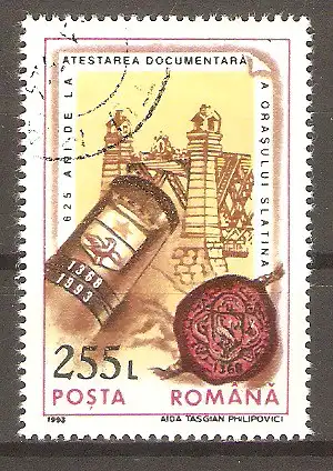 Briefmarke Rumänien Mi.Nr. 4939 o Jahrestage und Ereignisse 1993 / 625 Jahre Stadtrecht für Slatina: Wappen und Siegel, Brücke über die Olt #