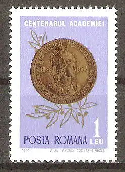 Briefmarke Rumänien Mi.Nr. 2542 ** 100 Jahre Rumänische Akademie der Wissenschaften 1966 / Gedenkmedaille mit Pallas Athena und Inschrift zum Jubiläum #