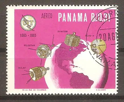 Briefmarke Panama Mi.Nr. 902 o 100 Jahre Internationale Fernmeldeunion (ITU) 1966 / Nachrichten- und Fernsehsatelliten „Relay“, „Telstar“, „Syncom“ und „Echo 2“ über Weltkugel mit amerikanischem Kontinent & ITU-Emblem #