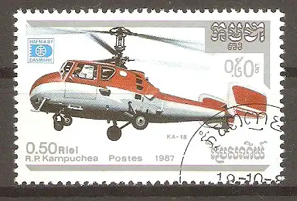 Briefmarke Kambodscha Mi.Nr. 891 o Hubschrauber 1987 / Kamow KA-18 #