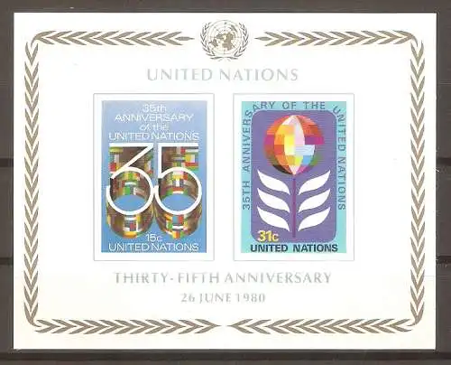 Briefmarke UNO New York Block 7 ** (Mi.Nr. 346 B - 347 B) 35 Jahre Vereinte Nationen (UNO) 1980 #