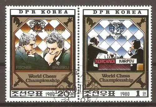 Briefmarke Korea-Nord Mi.Nr. 2074-2075 o Zusammendruck Schachweltmeisterschaften 1980 / WM ’72 Island: Fischer-Spasski & WM ’78  Philippinen: Kortschnoj–Karpow #