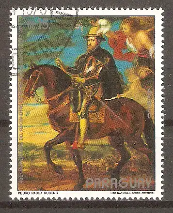 Briefmarke Paraguay Mi.Nr. 3004 o 400. Geburtstag von Peter Paul Rubens 1978 / Philipp II. zu Pferd #