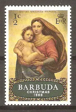 Briefmarke Barbuda Mi.Nr. 38 ** Weihnachten 1969 / "Sixtinische Madonna" Gemälde von Raffa #