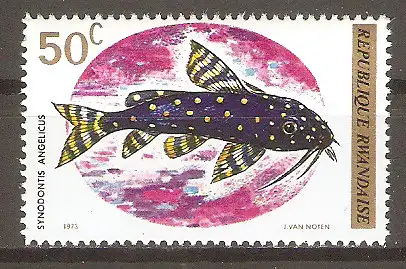 Briefmarke Ruanda Mi.Nr. 579 A ** Fische 1973 / Perlhuhnwels (Synodontis angelicus) #