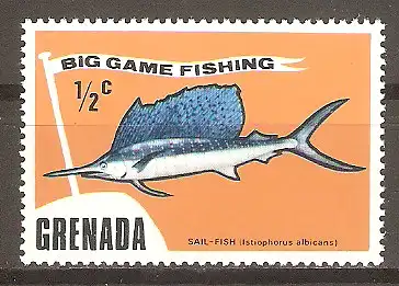 Briefmarke Grenada Mi.Nr. 630 ** Fischarten 1975 / Atlantischer Fächerfisch (Istiophorus albicans) #