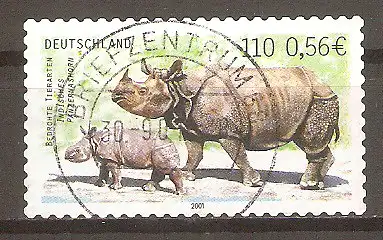 Briefmarke BRD Mi.Nr. 2205 o Vollstempel Briefzentrum 68 / Bedrohte Tierarten 2001 - Indisches Panzernashorn (Rhinoceros unicornis) #