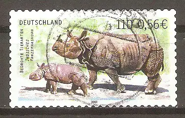 Briefmarke BRD Mi.Nr. 2205 o Bedrohte Tierarten 2001 / Indisches Panzernashorn (Rhinoceros unicornis) #