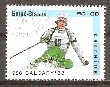 Briefmarke Guinea-Bissau Mi.Nr. 929 o Olympische Winterspiele Calgary 1988 / Alpiner Skilauf #
