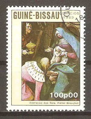 Briefmarke Guinea-Bissau Mi.Nr. 1105 o Weihnachten 1989 / Gemälde "Anbetung der Könige" von Pieter Bruegel #