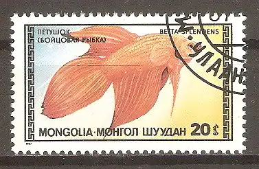 Briefmarke Mongolei Mi.Nr. 1836 o Zierfische 1987 / Siamesischer Kampffisch (Betta splendens) #