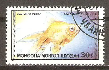 Briefmarke Mongolei Mi.Nr. 1837 o Zierfische 1987 / Silberkarausche (Carassius curratus) #