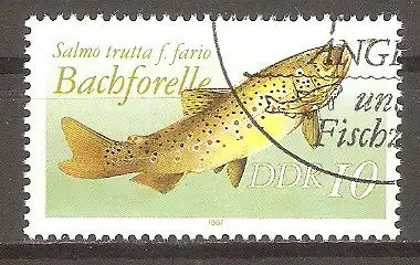 Briefmarke DDR Mi.Nr. 3096 I o Süßwasserfische / Bachforelle (Salmo trutta f. fario) #