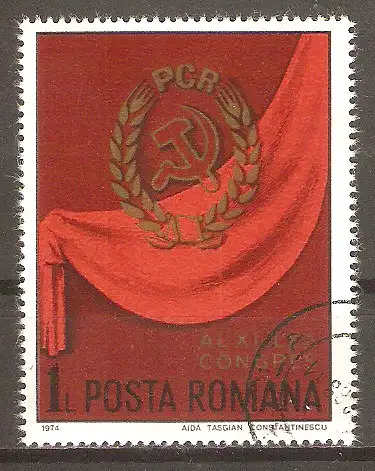 Briefmarke Rumänien Mi.Nr. 3239 o 11. Kongress der Kommunistischen Partei Rumäniens 1974 / Parteiabzeichen #